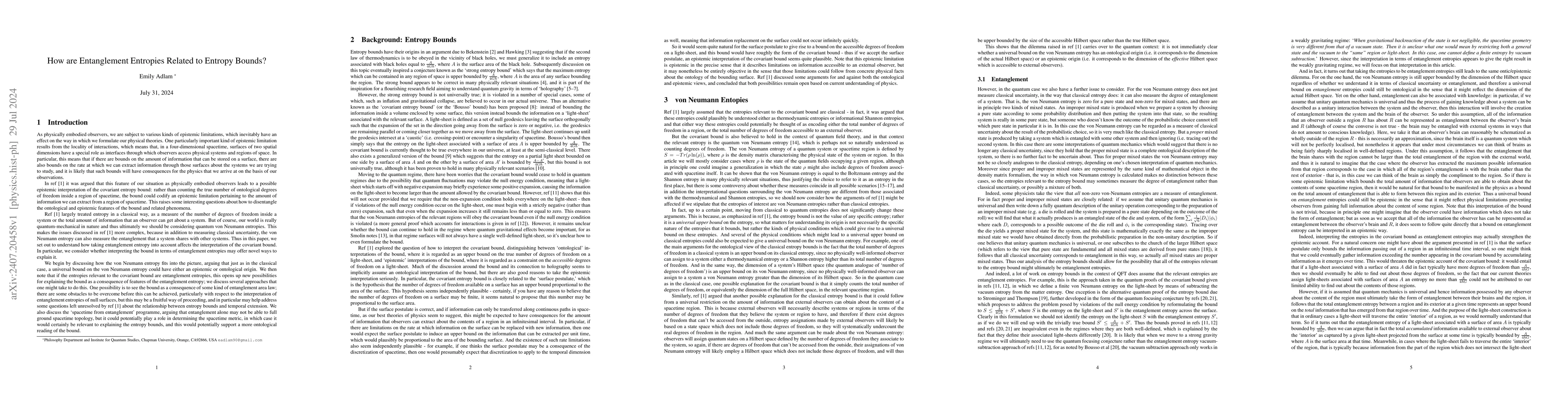 Thumbnail for How are Entanglement Entropies Related to Entropy Bounds?