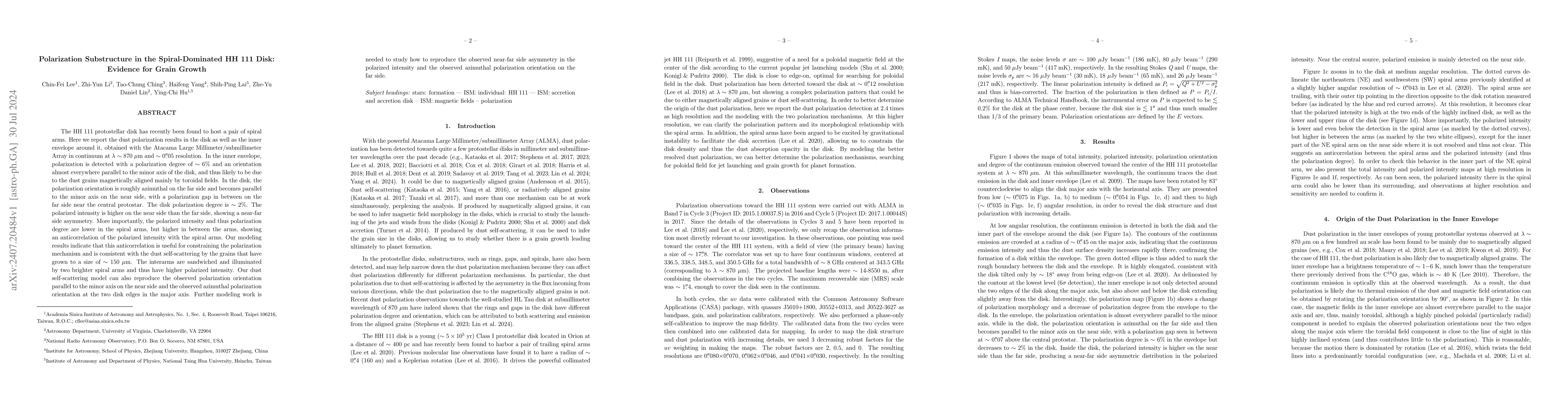 Thumbnail for Polarization Substructure in the Spiral-Dominated HH 111 Disk: Evidence
  for Grain Growth
