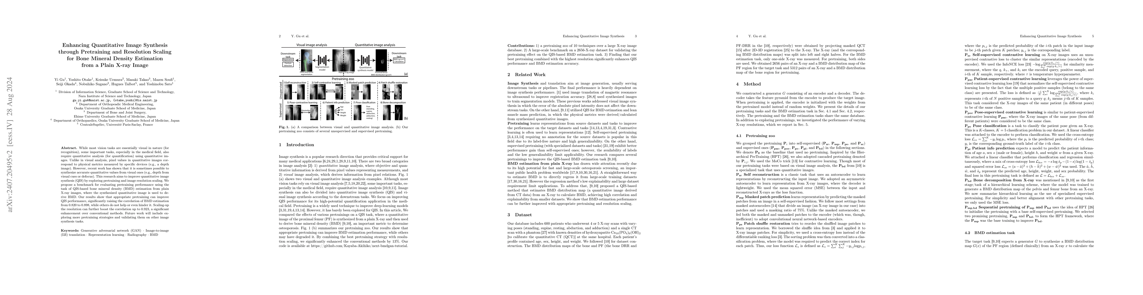 Thumbnail for Enhancing Quantitative Image Synthesis through Pretraining and
  Resolution Scaling for Bone Mineral Density Estimation from a Plain X-ray
  Image