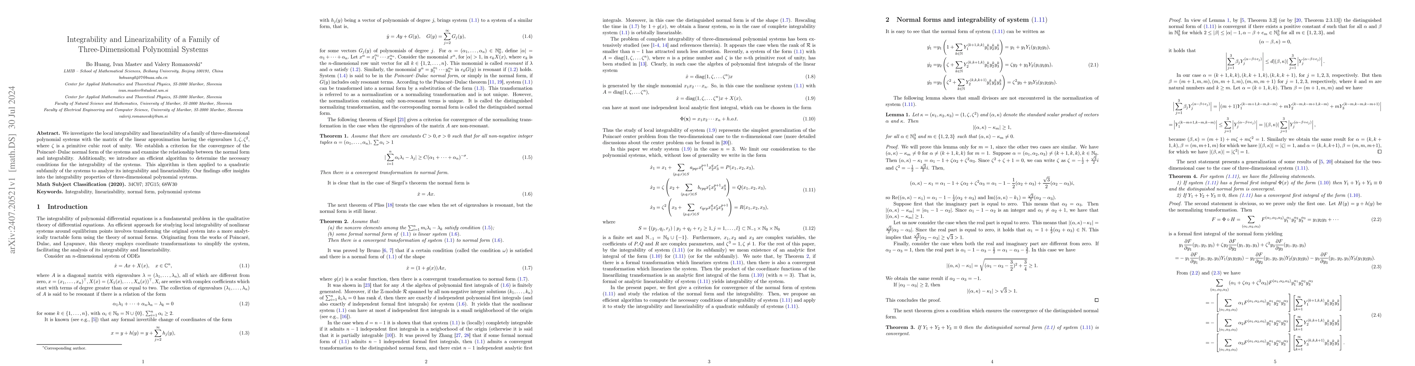 Thumbnail for Integrability and Linearizability of a Family of Three-Dimensional
  Polynomial Systems