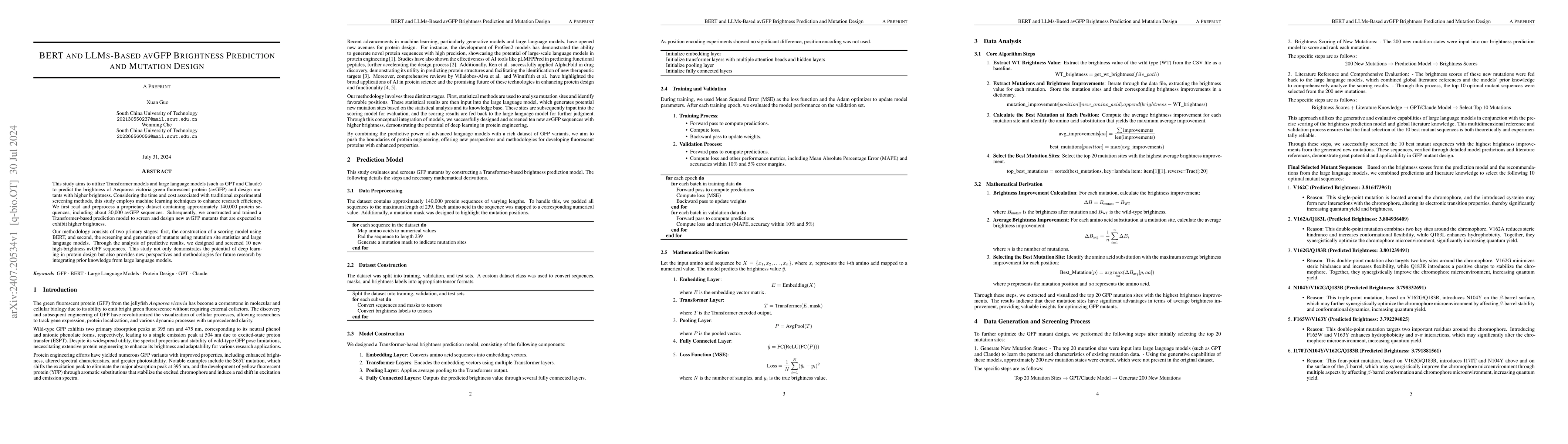 Thumbnail for BERT and LLMs-Based avGFP Brightness Prediction and Mutation Design