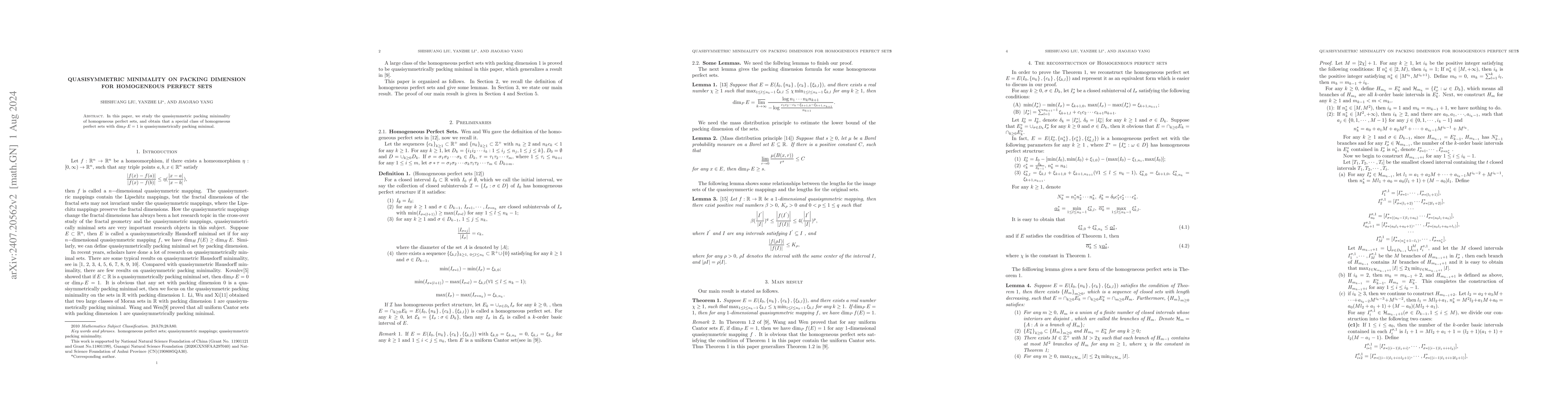 Thumbnail for Quasisymmetric minimality on packing dimension for homogeneous perfect
  sets