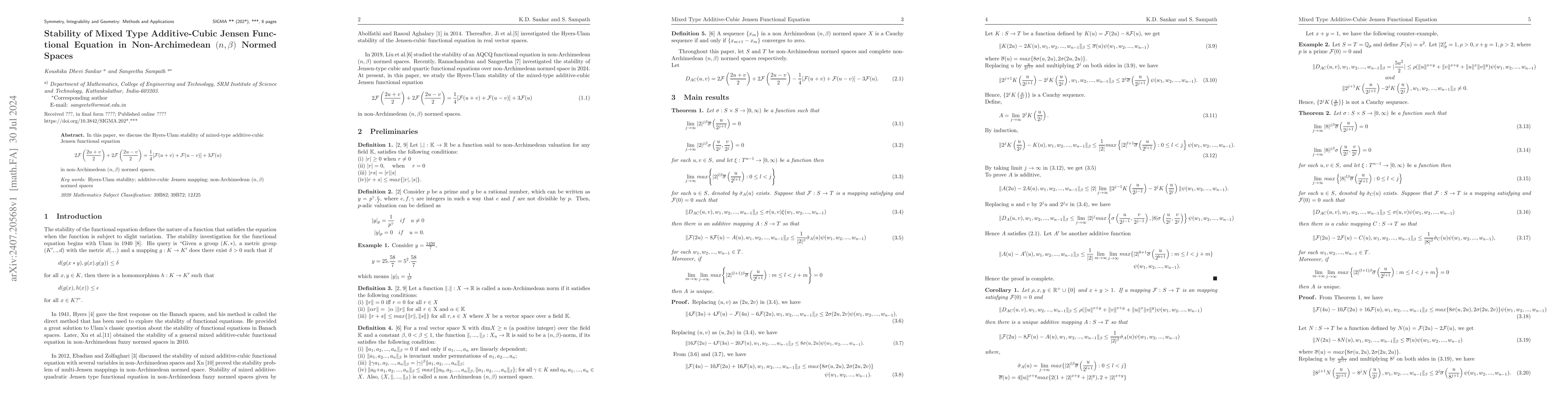 Thumbnail for Stability of Mixed Type Additive-Cubic Jensen Functional Equation in
  Non-Archimedean $(n, β)$ Normed Spaces