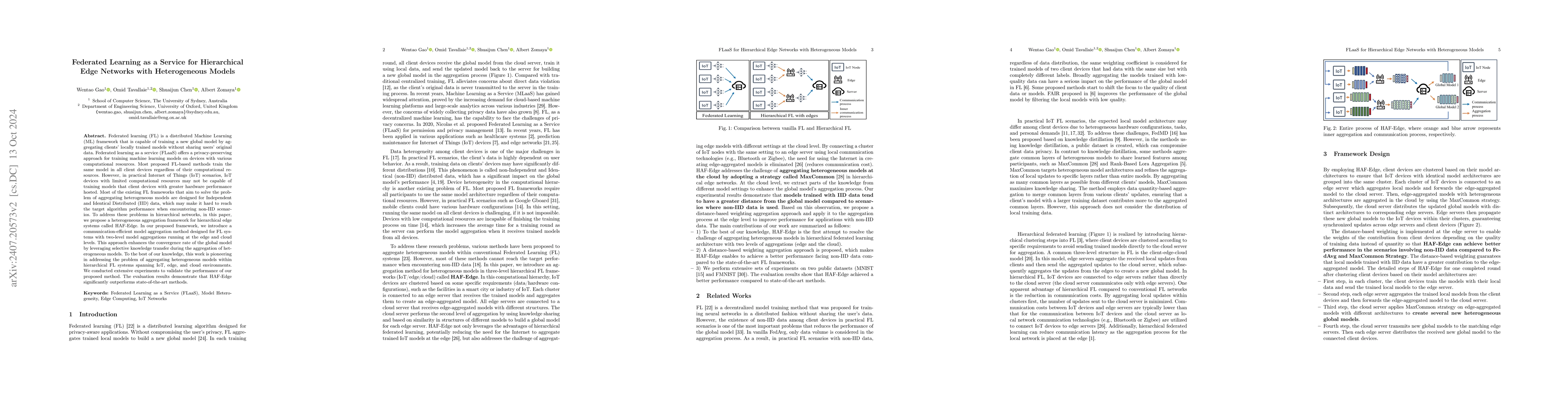 Thumbnail for Federated Learning as a Service for Hierarchical Edge Networks with
  Heterogeneous Models