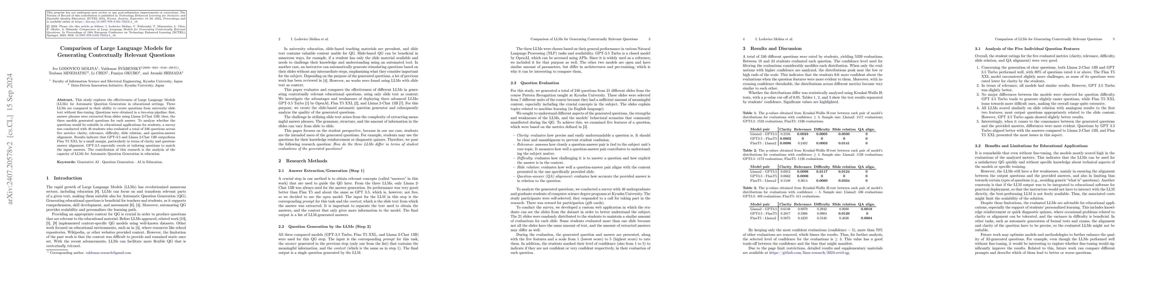 Thumbnail for Comparison of Large Language Models for Generating Contextually Relevant
  Questions
