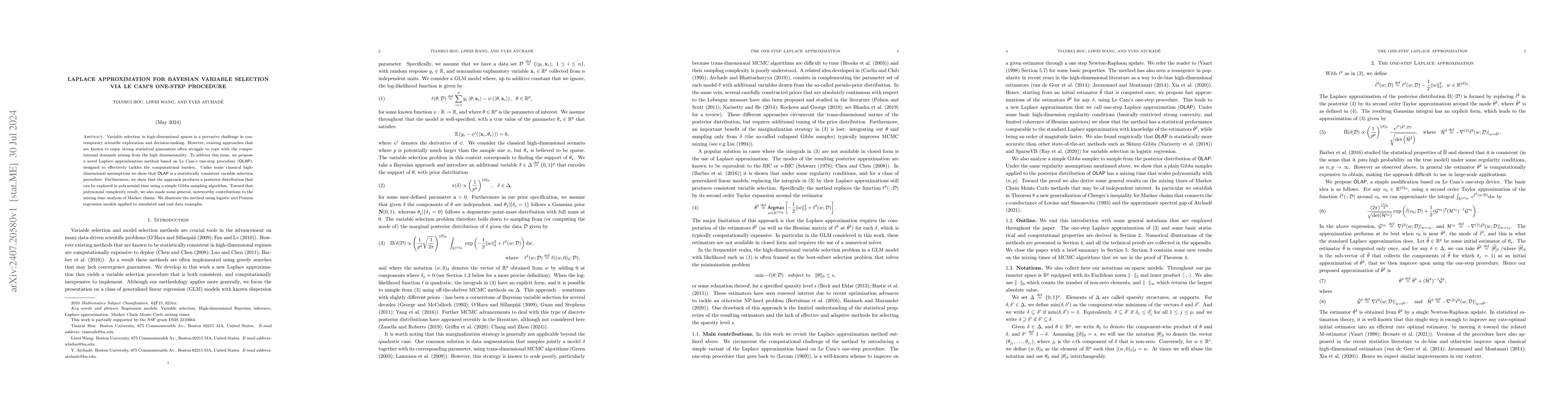 Thumbnail for Laplace approximation for Bayesian variable selection via Le Cam's
  one-step procedure