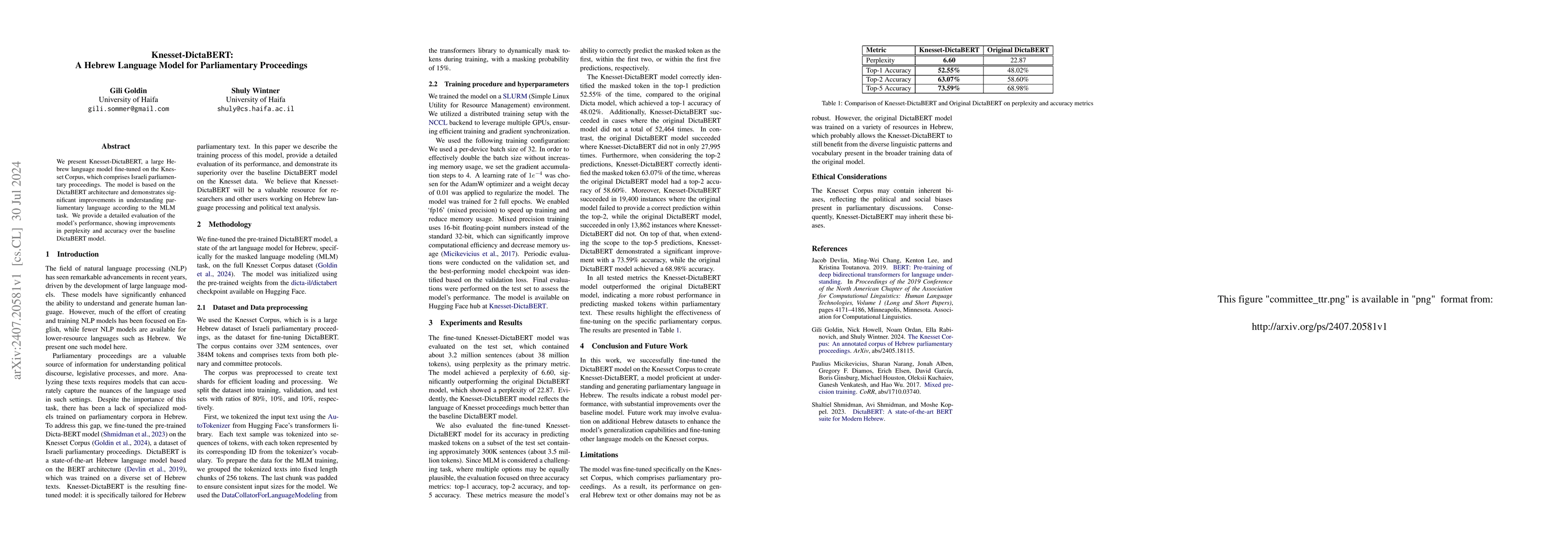 Thumbnail for Knesset-DictaBERT: A Hebrew Language Model for Parliamentary Proceedings