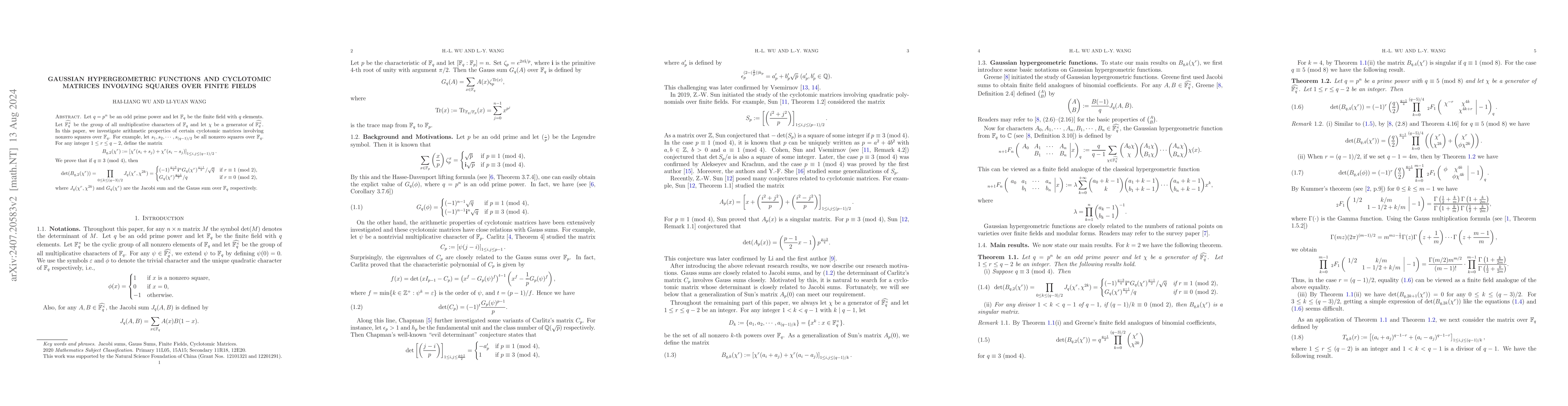Thumbnail for Gaussian hypergeometric functions and cyclotomic matrices involving
  squares over finite fields