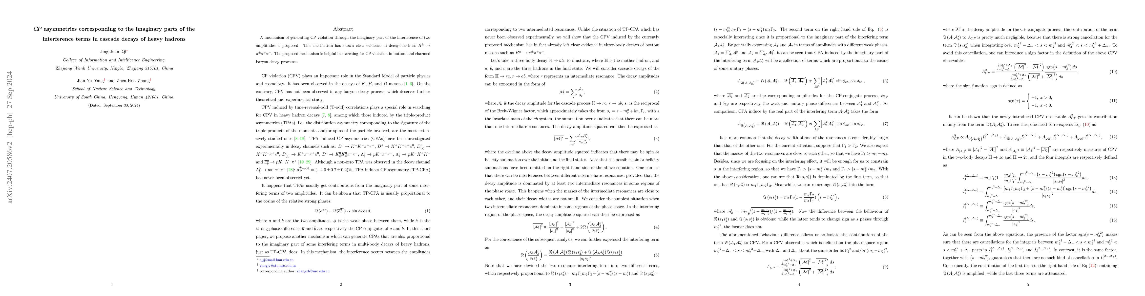 Thumbnail for CP asymmetries corresponding to the imaginary parts of the interference
  terms in cascade decays of heavy hadrons