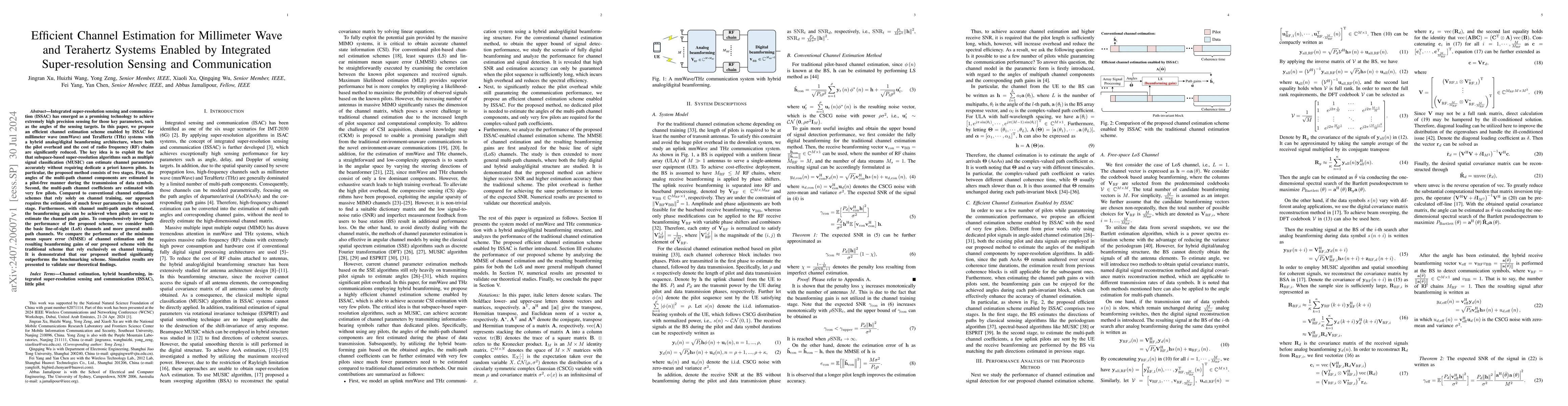 Thumbnail for Efficient Channel Estimation for Millimeter Wave and Terahertz Systems
  Enabled by Integrated Super-resolution Sensing and Communication