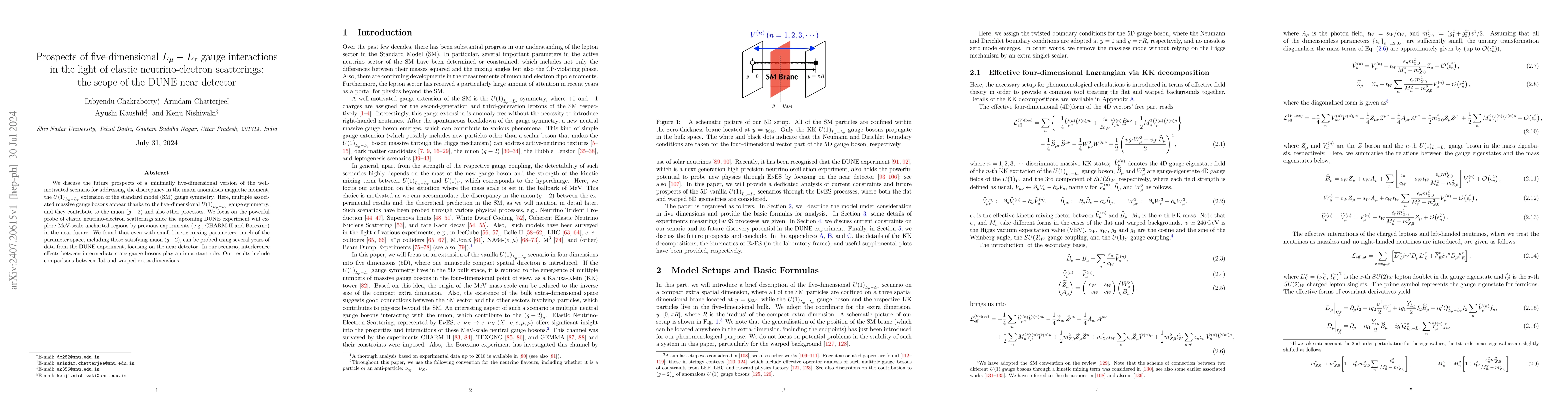 Thumbnail for Prospects of five-dimensional $L_μ-L_τ$ gauge interactions in the
  light of elastic neutrino-electron scatterings: the scope of the DUNE near
  detector