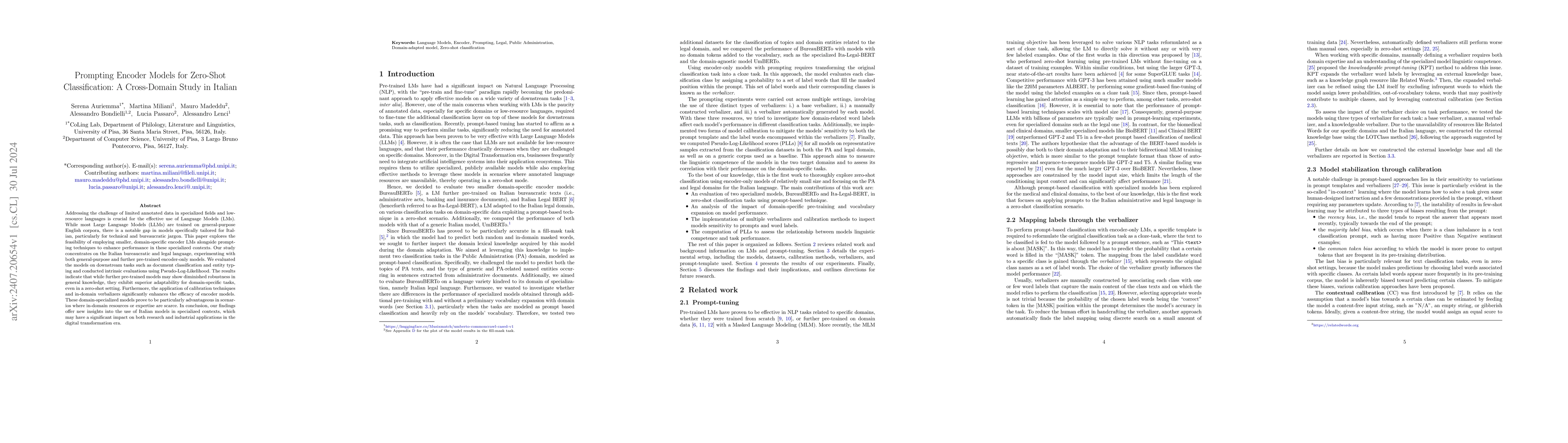 Thumbnail for Prompting Encoder Models for Zero-Shot Classification: A Cross-Domain
  Study in Italian