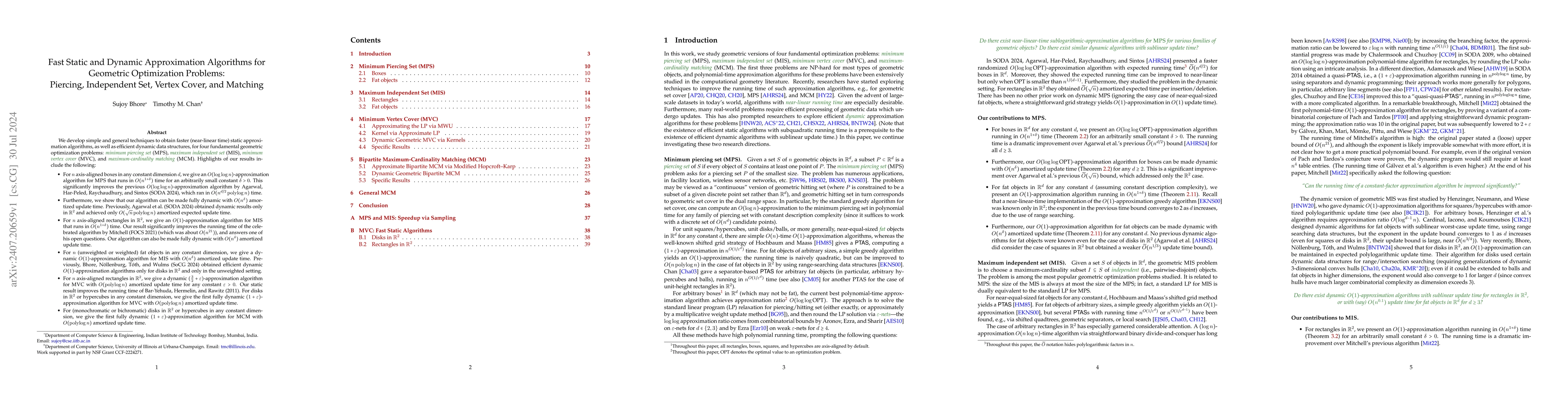 Thumbnail for Fast Static and Dynamic Approximation Algorithms for Geometric
  Optimization Problems: Piercing, Independent Set, Vertex Cover, and Matching