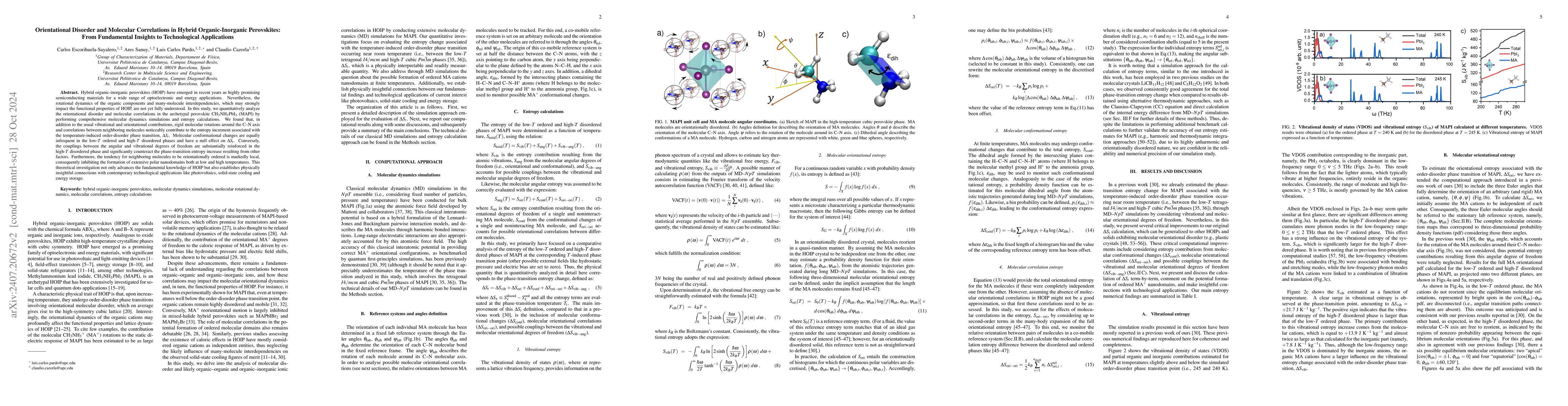 Thumbnail for Orientational disorder and molecular correlations in hybrid
  organic-inorganic perovskites: From fundamental insights to technological
  applications