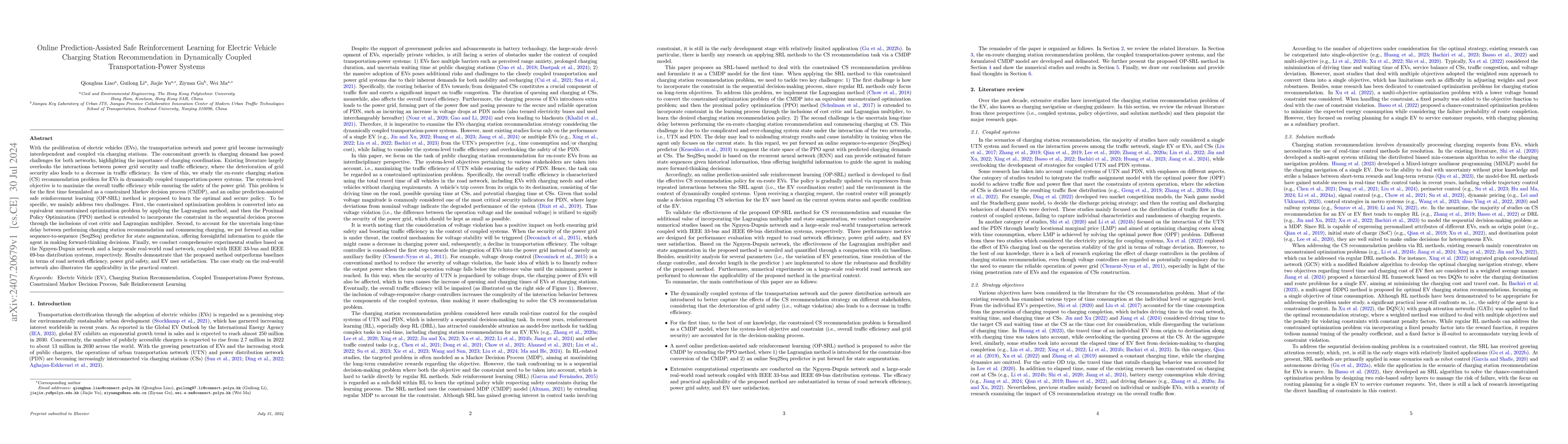 Thumbnail for Online Prediction-Assisted Safe Reinforcement Learning for Electric
  Vehicle Charging Station Recommendation in Dynamically Coupled
  Transportation-Power Systems
