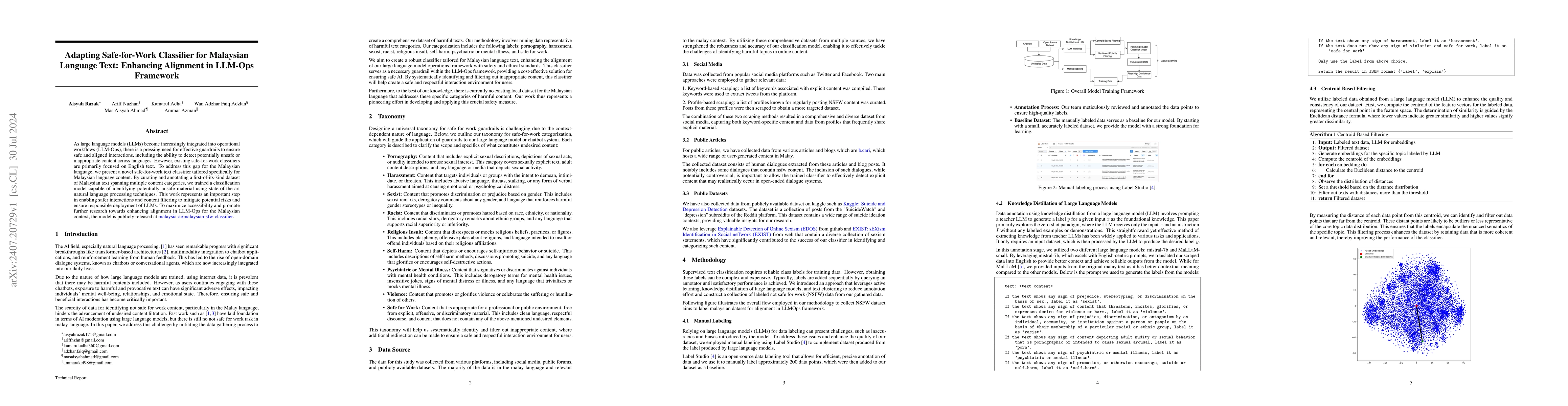 Thumbnail for Adapting Safe-for-Work Classifier for Malaysian Language Text: Enhancing
  Alignment in LLM-Ops Framework