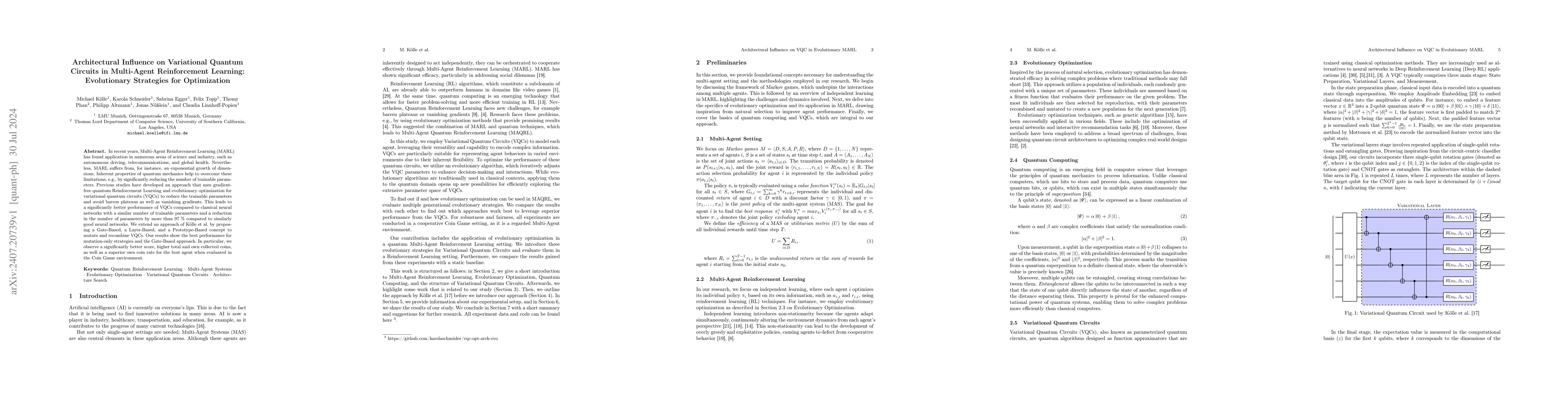 Thumbnail for Architectural Influence on Variational Quantum Circuits in Multi-Agent
  Reinforcement Learning: Evolutionary Strategies for Optimization