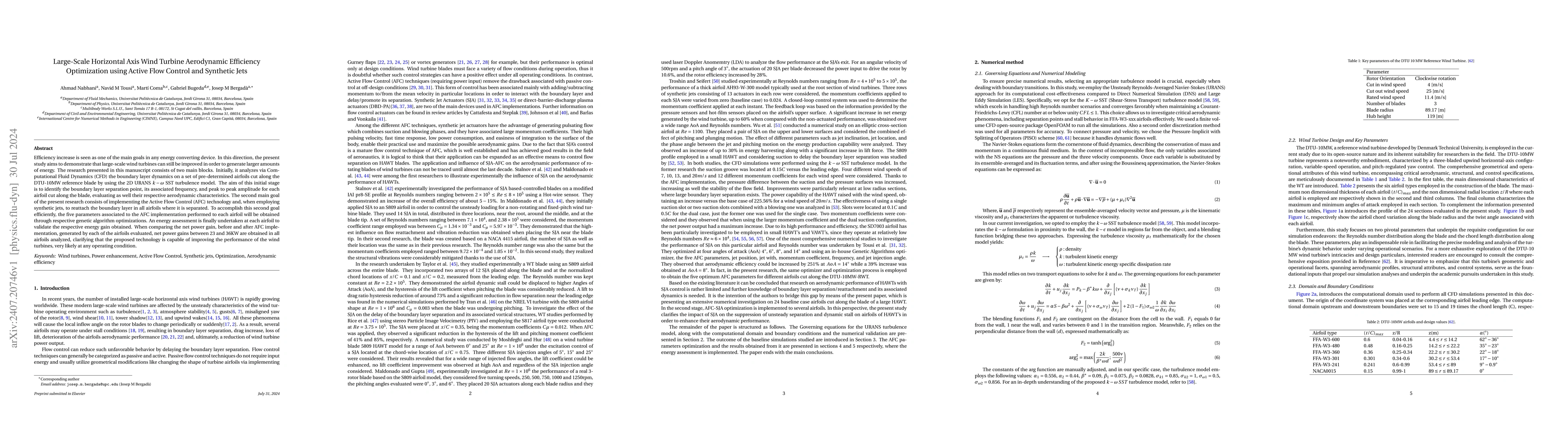 Thumbnail for Large-Scale Horizontal Axis Wind Turbine Aerodynamic Efficiency
  Optimization using Active Flow Control and Synthetic Jets