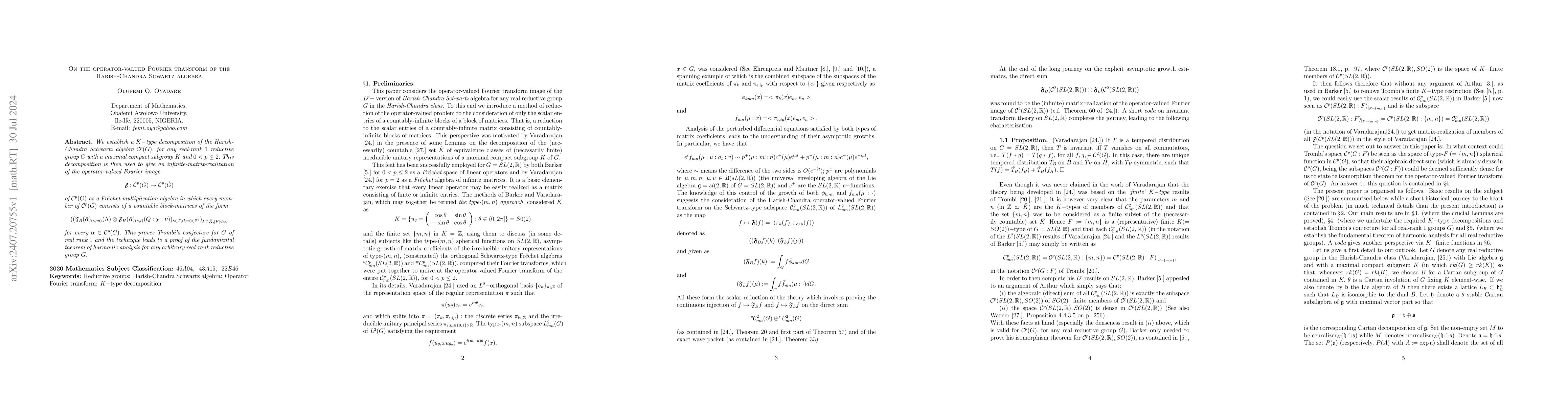 Thumbnail for On the operator-valued Fourier transform of the Harish-Chandra Schwartz
  Algebra