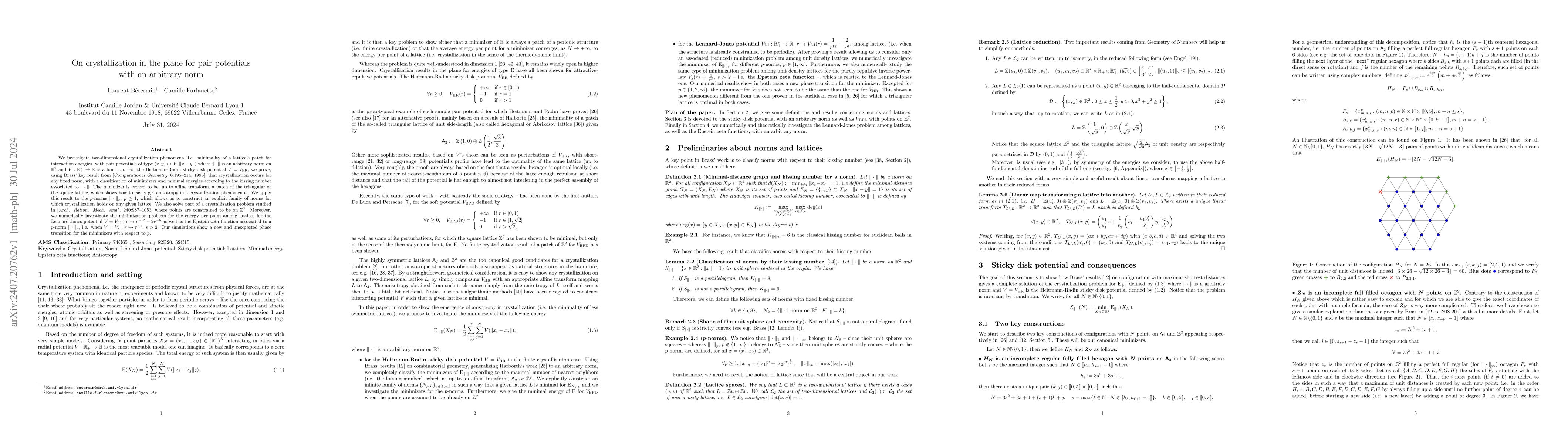 Thumbnail for On crystallization in the plane for pair potentials with an arbitrary
  norm