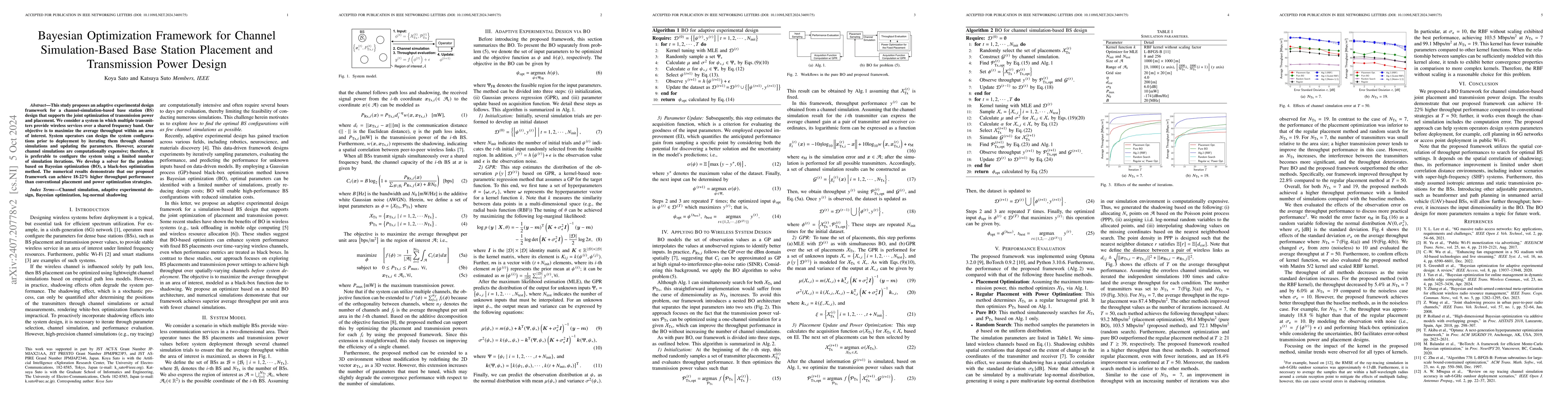 Thumbnail for Bayesian Optimization Framework for Channel Simulation-Based Base
  Station Placement and Transmission Power Design