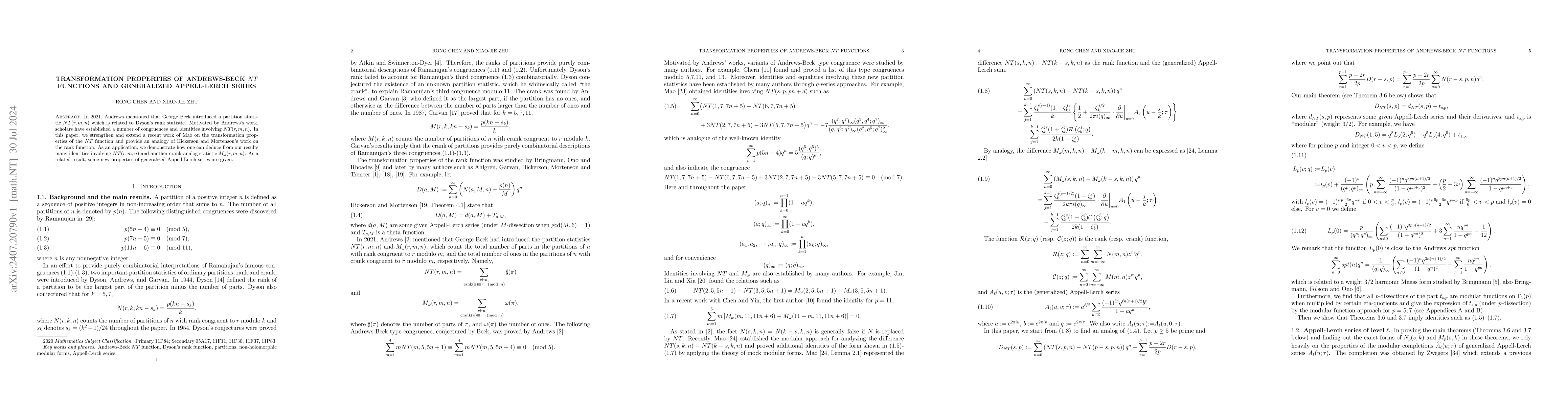 Thumbnail for Transformation properties of Andrews-Beck $NT$ functions and generalized
  Appell-Lerch series