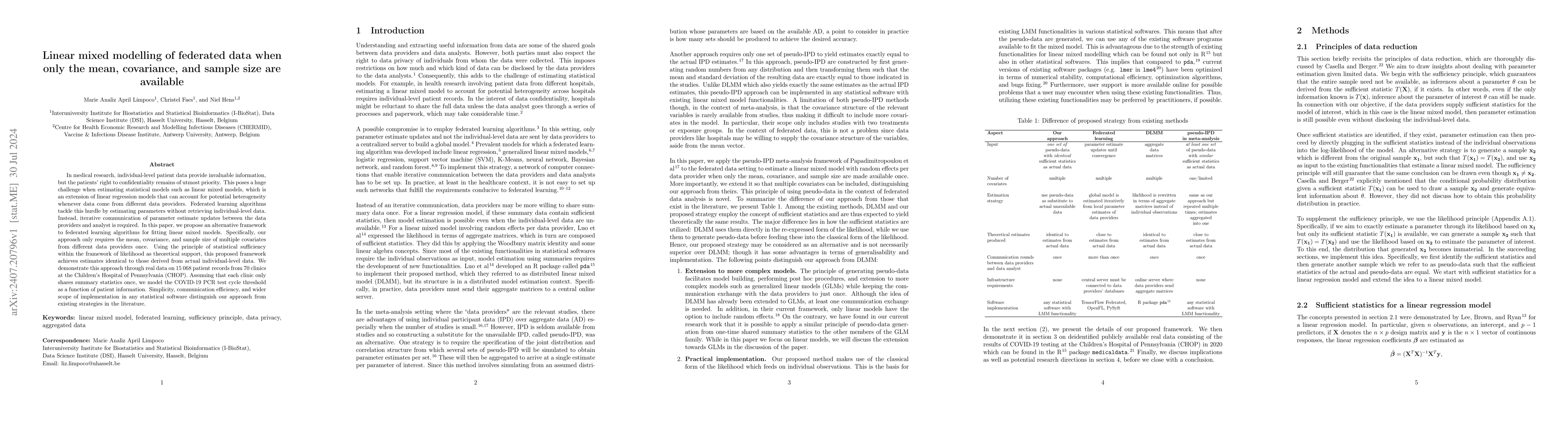 Thumbnail for Linear mixed modelling of federated data when only the mean, covariance,
  and sample size are available