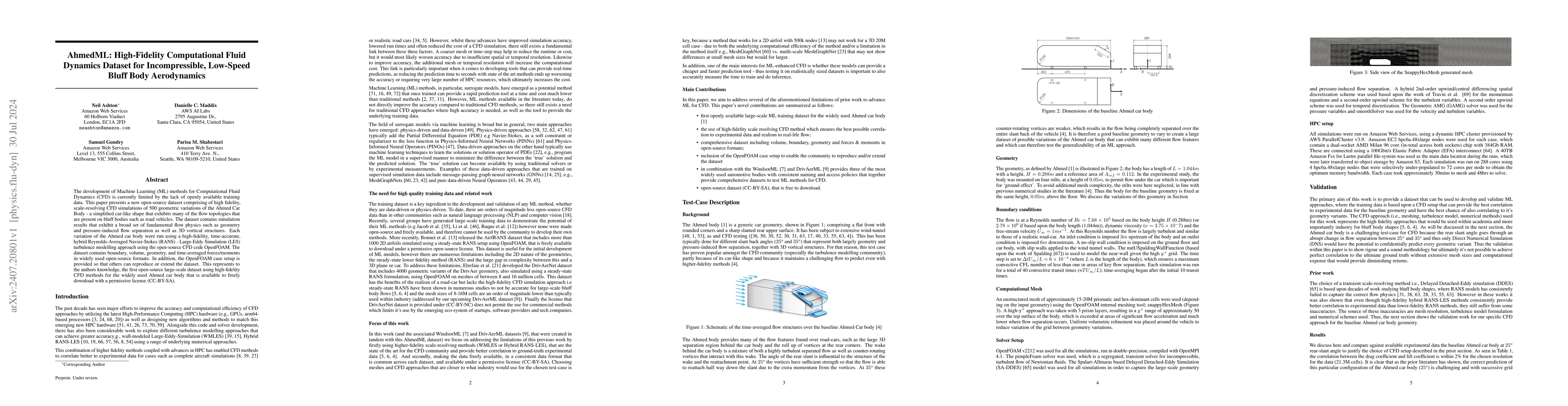 Thumbnail for AhmedML: High-Fidelity Computational Fluid Dynamics Dataset for
  Incompressible, Low-Speed Bluff Body Aerodynamics