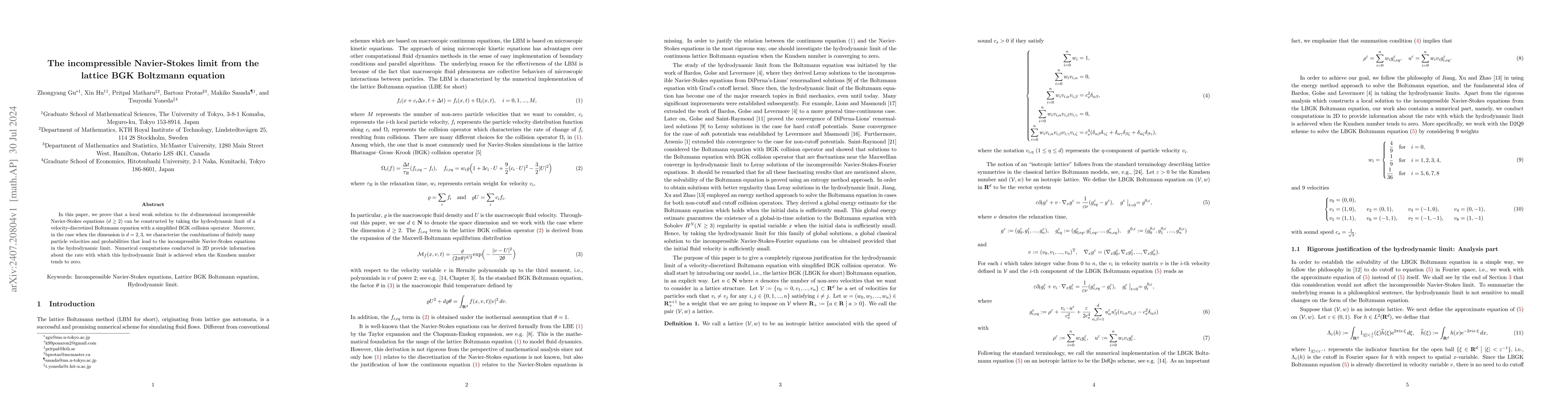 Thumbnail for The incompressible Navier-Stokes limit from the lattice BGK Boltzmann
  equation