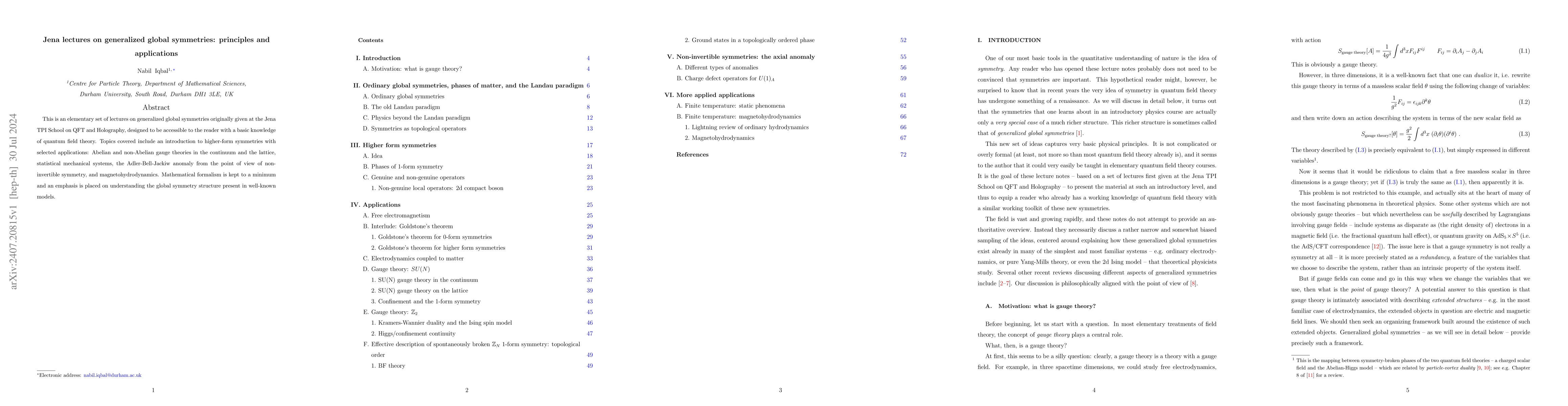 Thumbnail for Jena lectures on generalized global symmetries: principles and
  applications