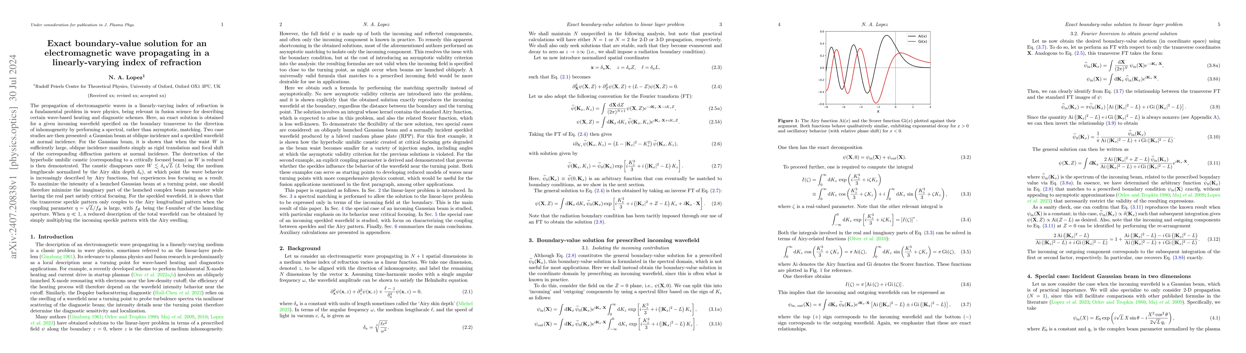 Thumbnail for Exact boundary-value solution for an electromagnetic wave propagating in
  a linearly-varying index of refraction