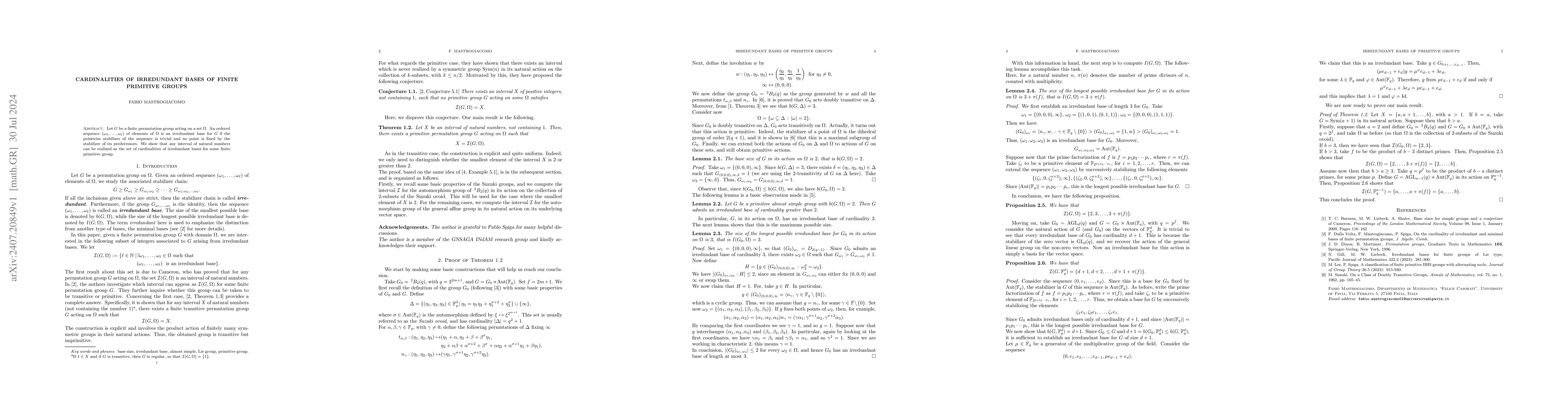 Thumbnail for Cardinalities of irredundant bases of finite primitive groups
