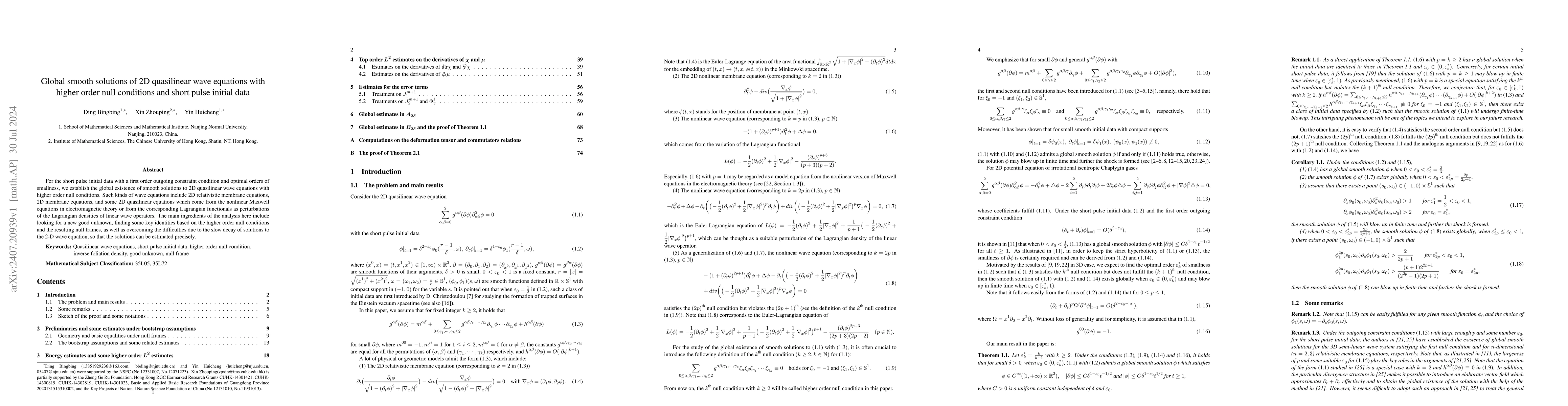 Thumbnail for Global smooth solutions of 2D quasilinear wave equations with higher
  order null conditions and short pulse initial data