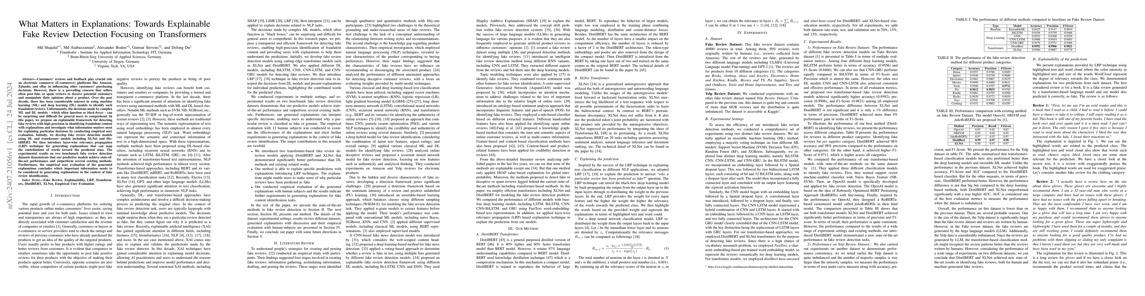 Thumbnail for What Matters in Explanations: Towards Explainable Fake Review Detection
  Focusing on Transformers