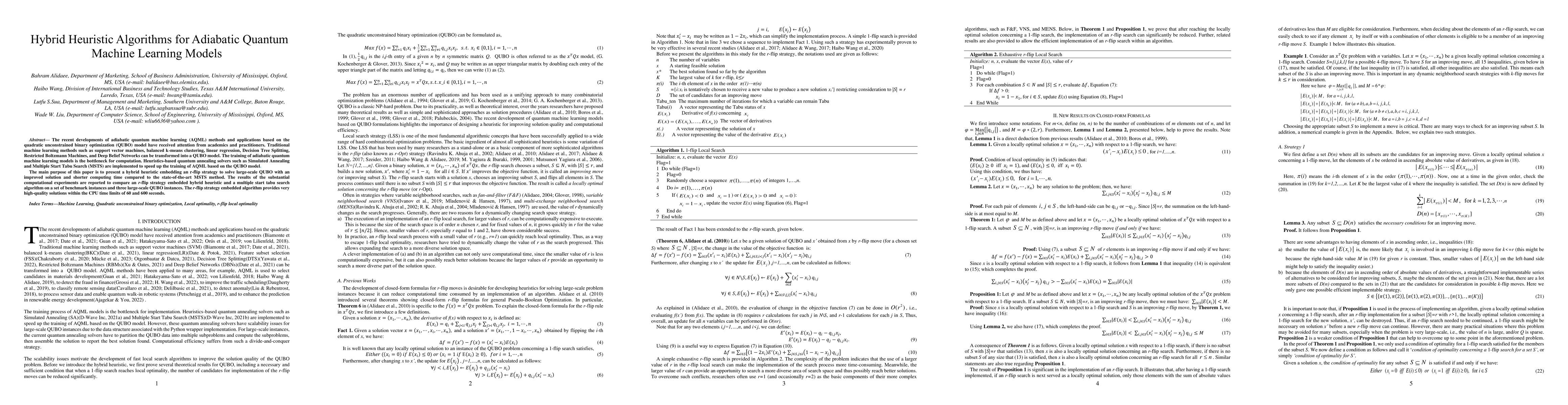 Thumbnail for Hybrid Heuristic Algorithms for Adiabatic Quantum Machine Learning
  Models