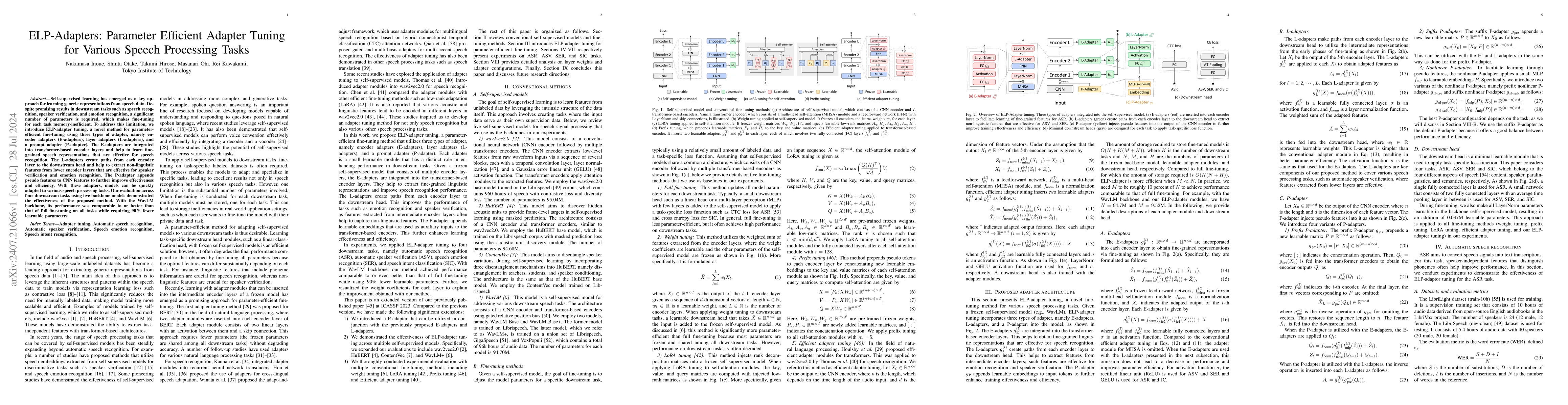 Thumbnail for ELP-Adapters: Parameter Efficient Adapter Tuning for Various Speech
  Processing Tasks