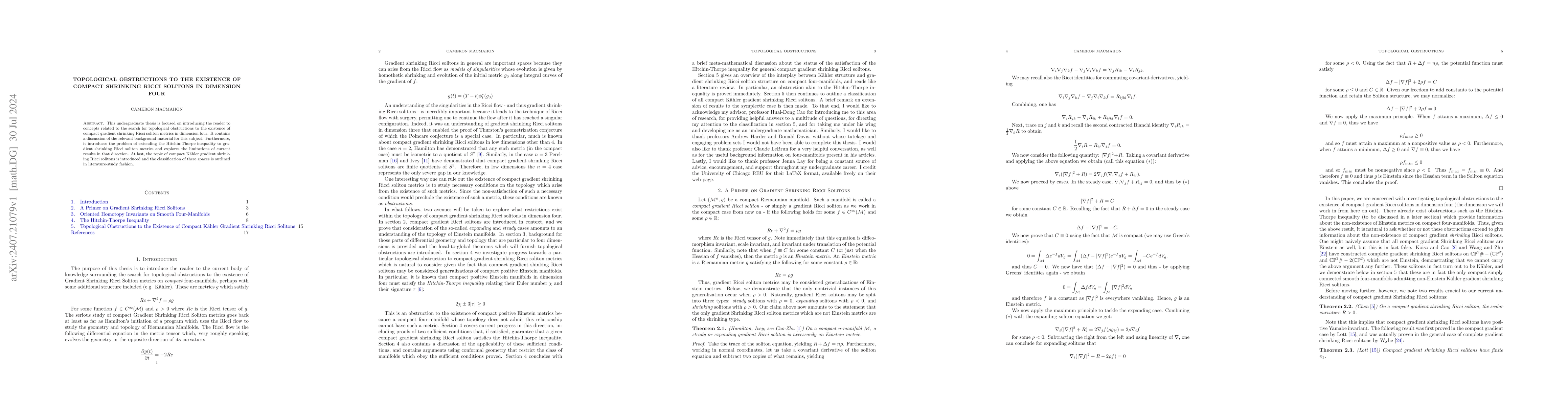 Thumbnail for Topological Obstructions to the Existence of Compact Shrinking Ricci
  Solitons in Dimension Four