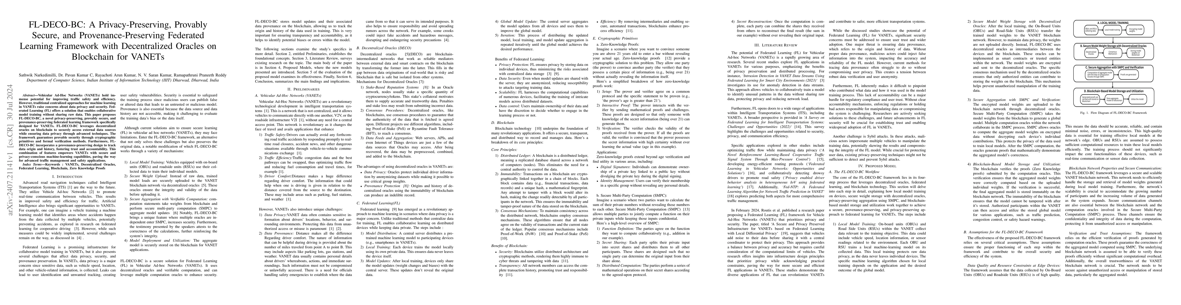 Thumbnail for FL-DECO-BC: A Privacy-Preserving, Provably Secure, and
  Provenance-Preserving Federated Learning Framework with Decentralized Oracles
  on Blockchain for VANETs