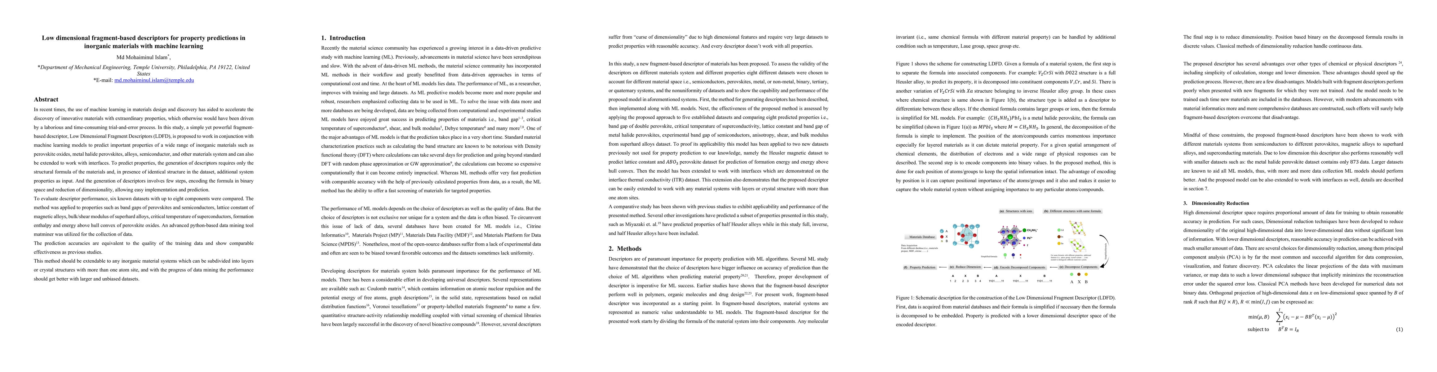 Thumbnail for Low dimensional fragment-based descriptors for property predictions in
  inorganic materials with machine learning