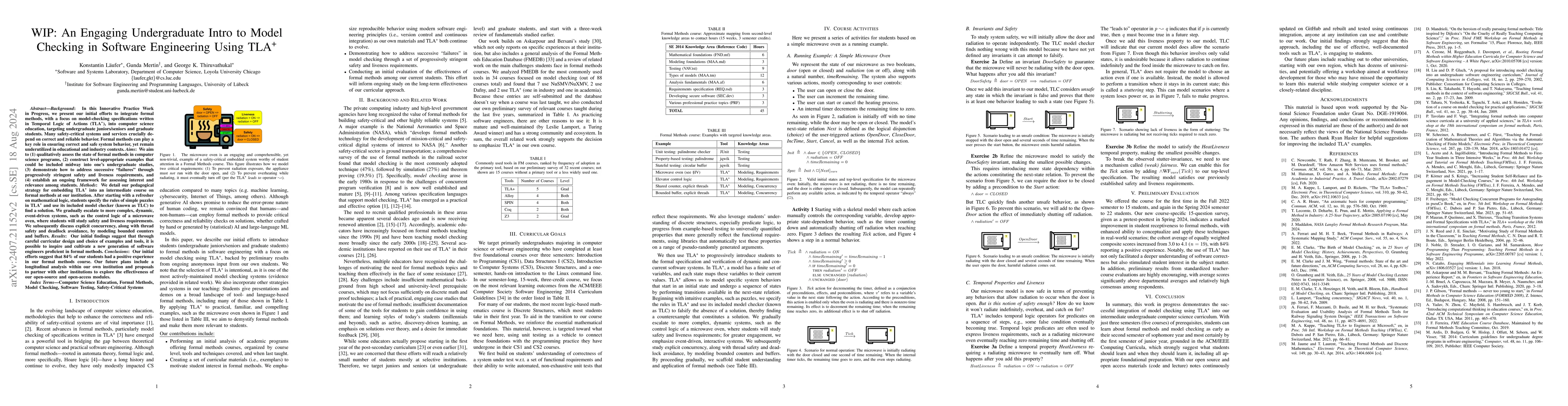 Thumbnail for WIP: An Engaging Undergraduate Intro to Model Checking in Software
  Engineering Using TLA+
