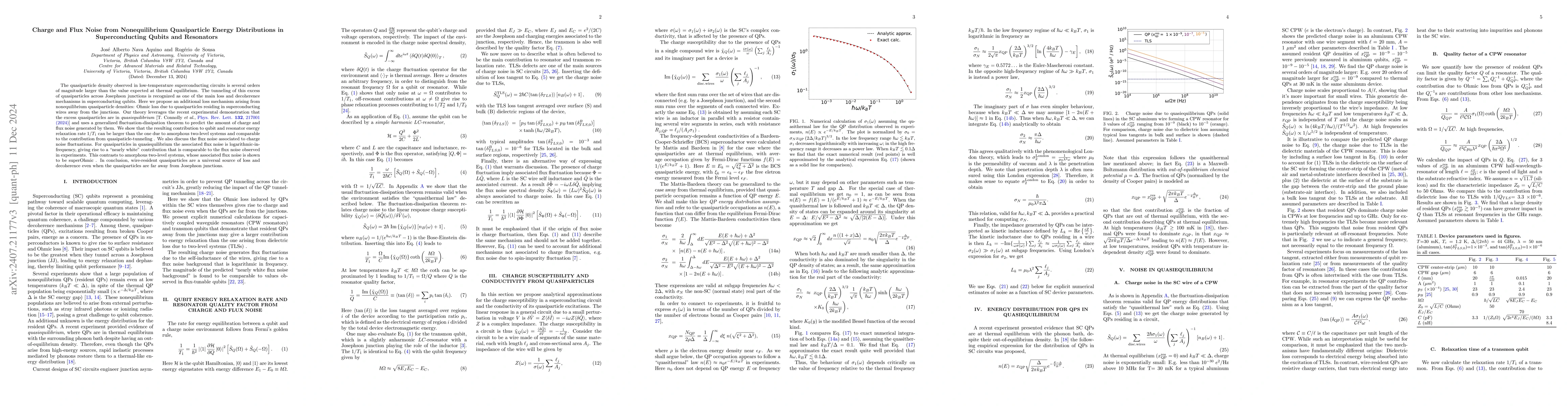 Thumbnail for Charge and Flux Noise from Nonequilibrium Quasiparticle Energy
  Distributions in Superconducting Qubits and Resonators