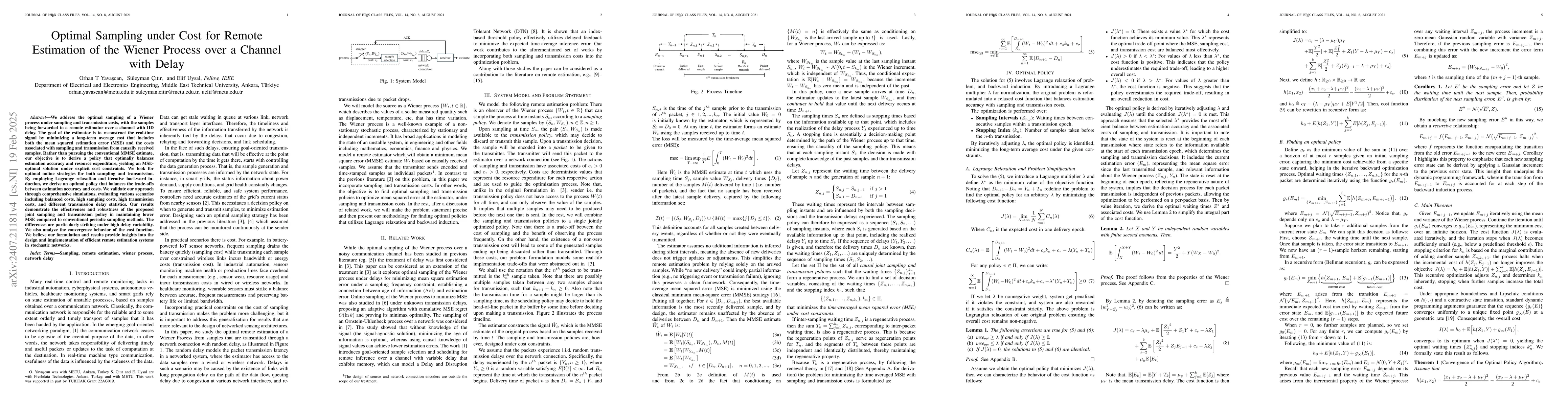 Thumbnail for Optimal Sampling under Cost for Remote Estimation of the Wiener Process
  over a Channel with Delay