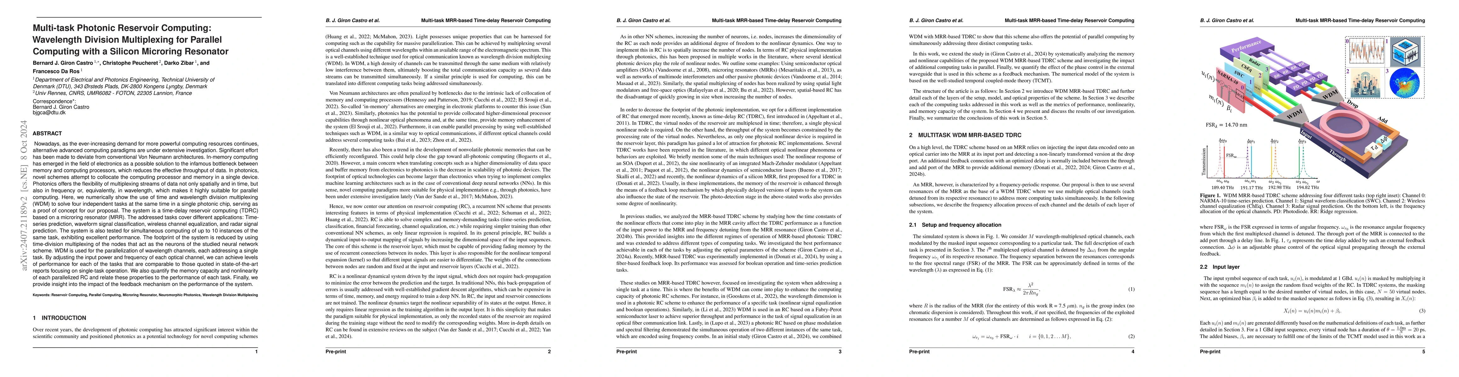 Thumbnail for Multi-task Photonic Reservoir Computing: Wavelength Division
  Multiplexing for Parallel Computing with a Silicon Microring Resonator