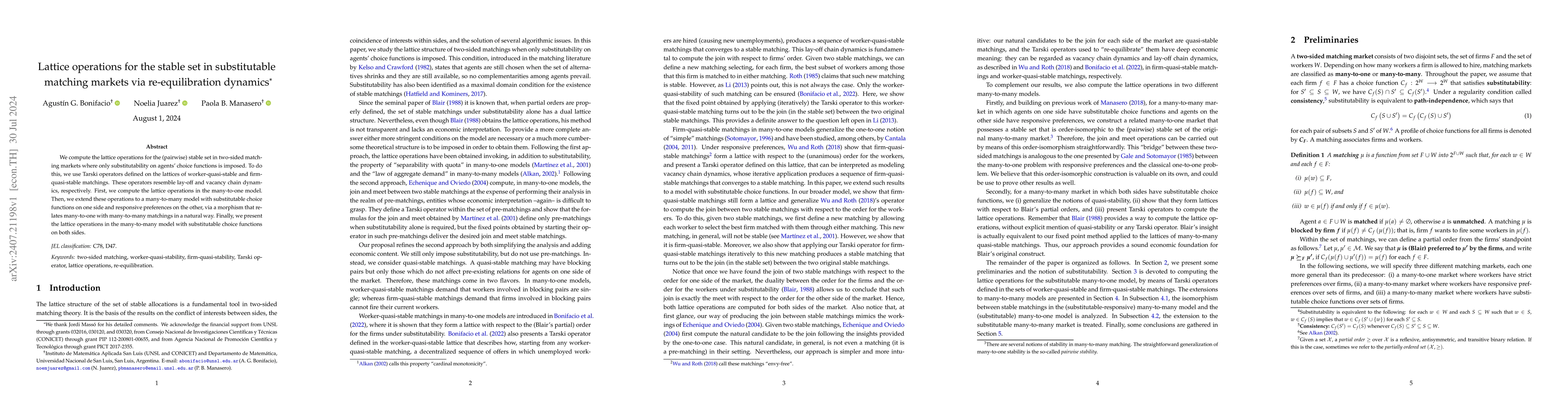 Thumbnail for Lattice operations for the stable set in substitutable matching markets
  via re-equilibration dynamics