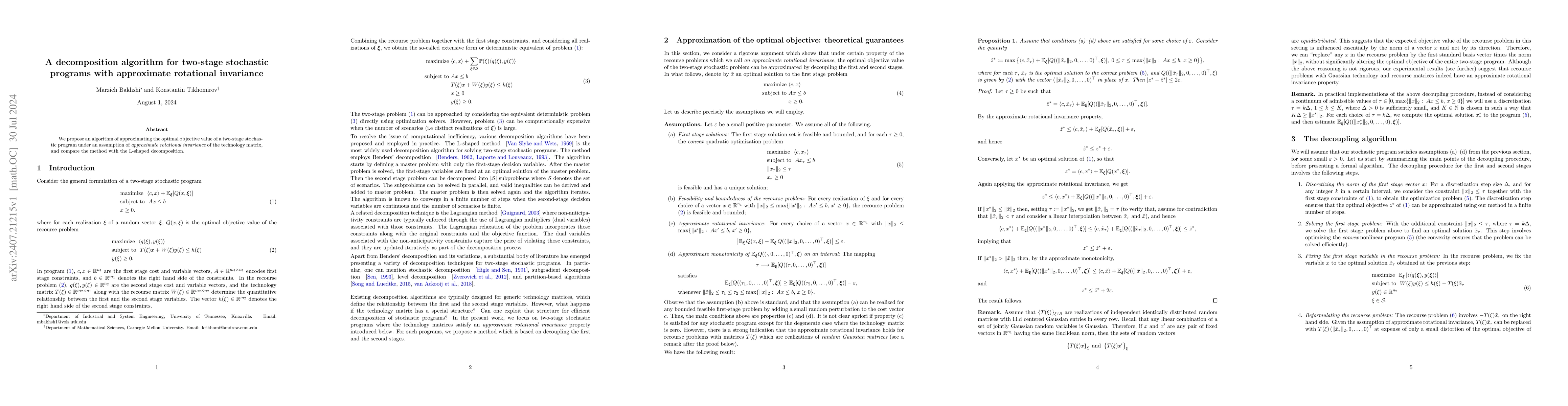 Thumbnail for A decomposition algorithm for two-stage stochastic programs with
  approximate rotational invariance