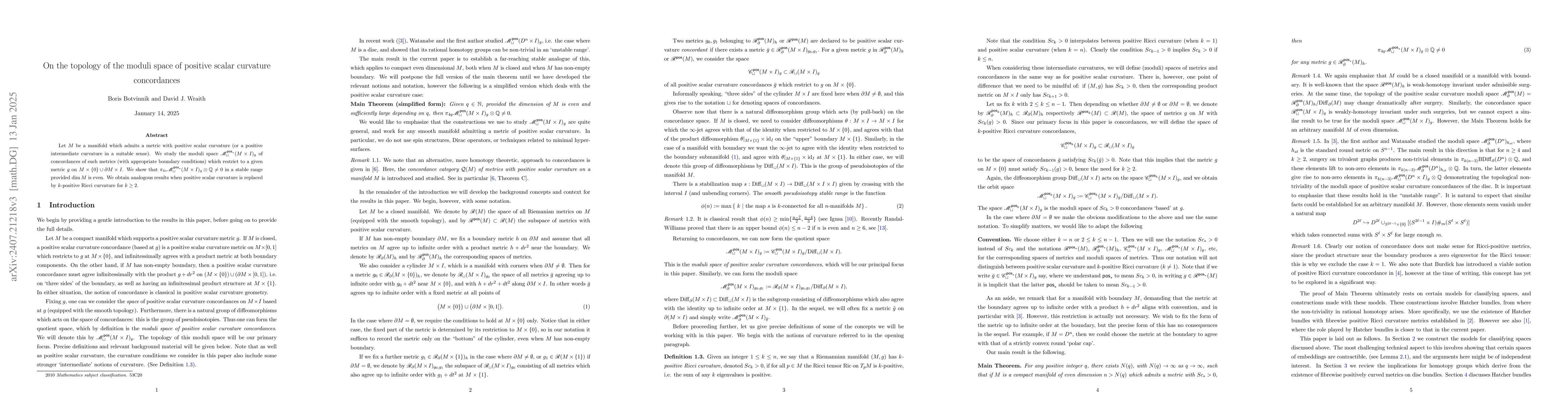 Thumbnail for On the topology of the moduli space of positive scalar curvature
  concordances