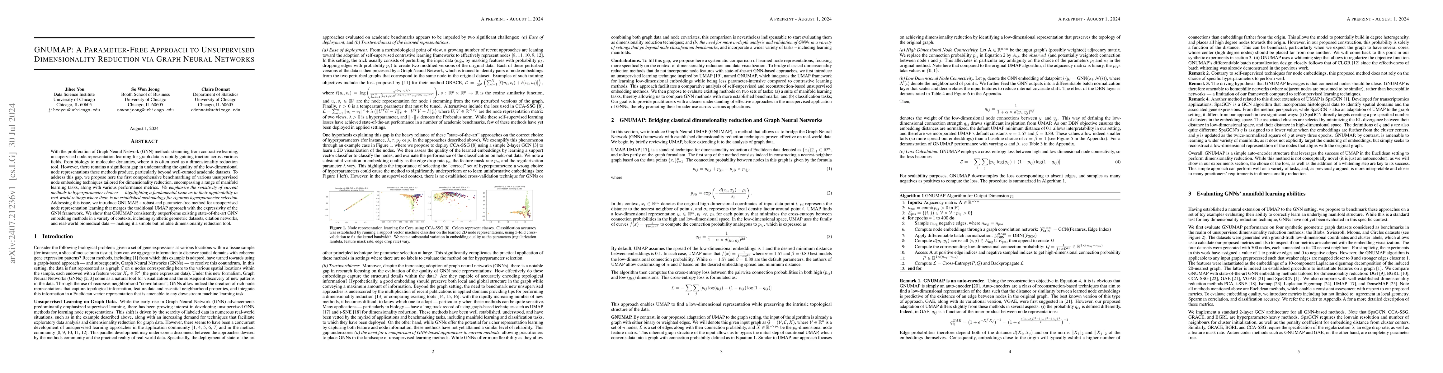 Thumbnail for GNUMAP: A Parameter-Free Approach to Unsupervised Dimensionality
  Reduction via Graph Neural Networks