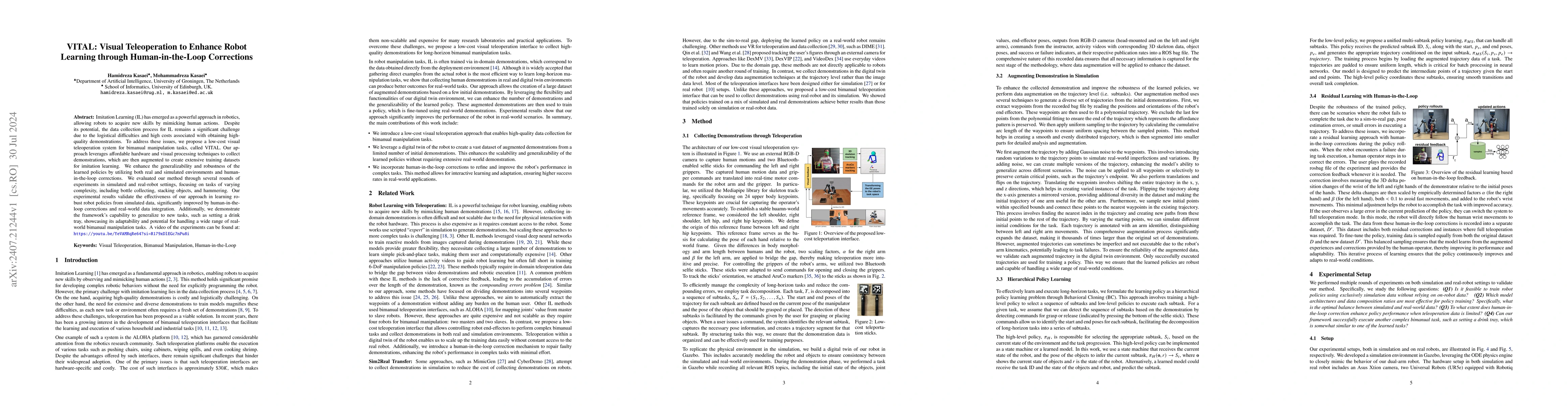 Thumbnail for VITAL: Visual Teleoperation to Enhance Robot Learning through
  Human-in-the-Loop Corrections