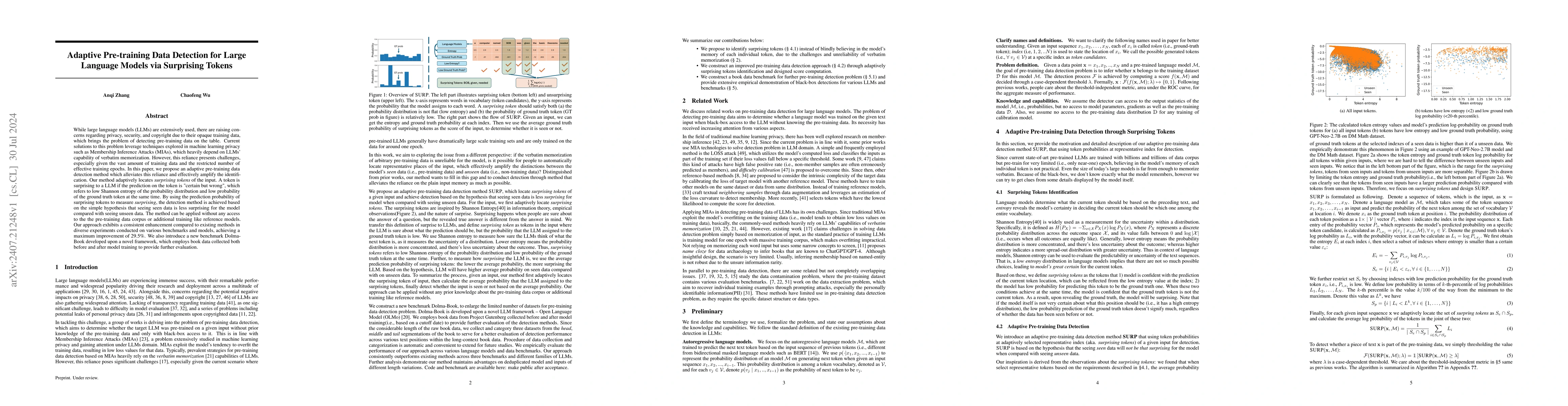 Thumbnail for Adaptive Pre-training Data Detection for Large Language Models via
  Surprising Tokens