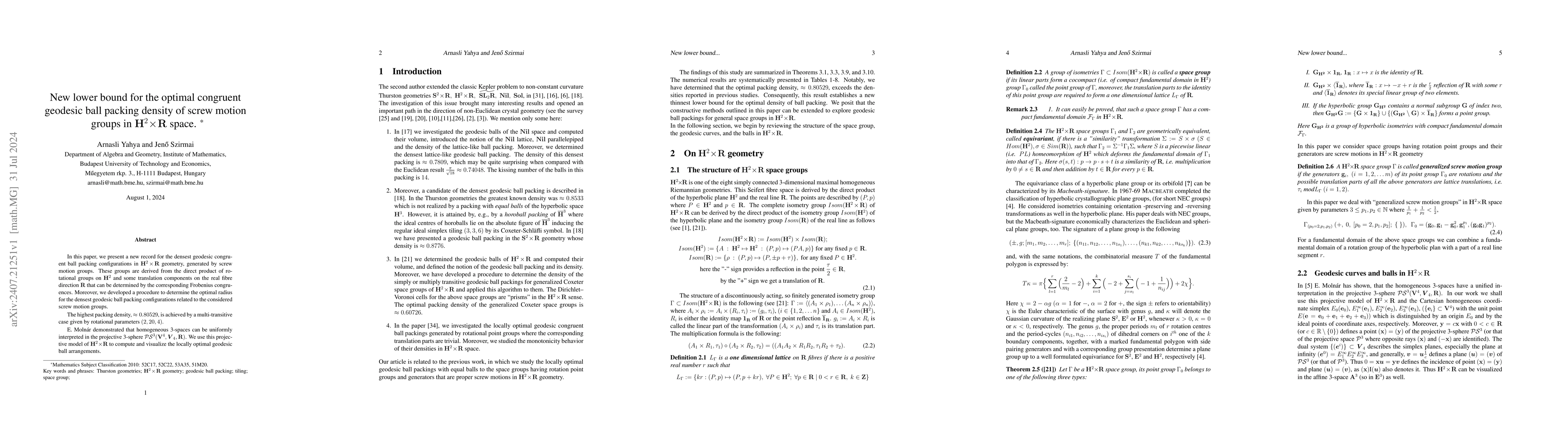 Thumbnail for New lower bound for the optimal congruent geodesic ball packing density
  of screw motion groups in $\mathbf{H}^2\!\times\!\mathbf{R}$ space
